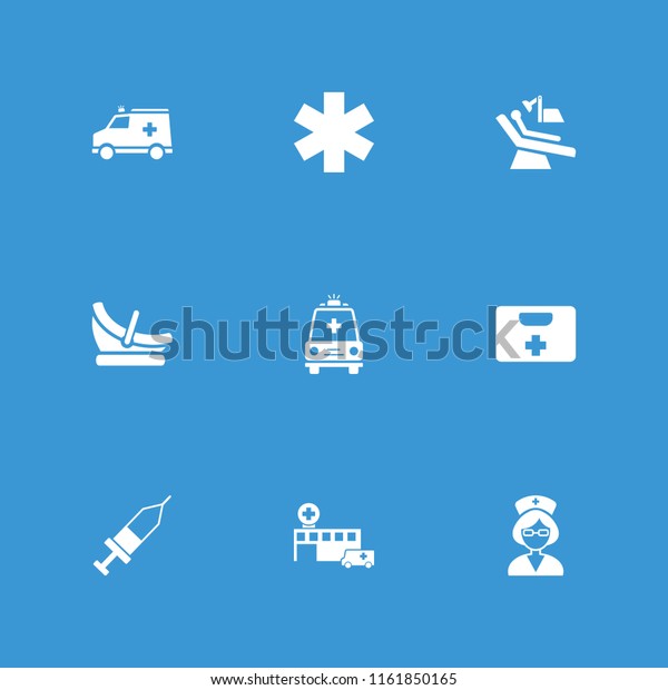 Clinic icon. collection of 9\
clinic filled icons such as ambulance, nurse, injection, dental\
chair, baby basket, medical sign. editable clinic icons for web and\
mobile.