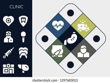  clinic icon set. 13 filled clinic icons. Simple modern icons about  - Stomach, Veterinary, Liver, Vaccine, Dental, Dentist, Enema, Health, Ambulance, Cardiogram, Injection, Pharmacist