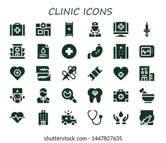 clinic icon set. 30 filled clinic icons.  Simple modern icons about  - Veterinary, Stretcher, Nurse, Medical, Syringe, Hospital, Blood test, Stomach, Electrocardiogram, Health