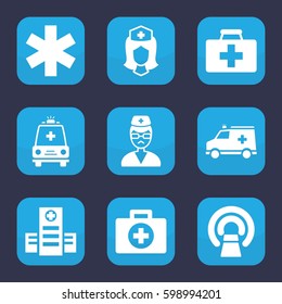 clinic icon. Set of 9 filled clinic icons such as first aid kit, hospital, MRI, medical sign, nurse, doctor, ambulance