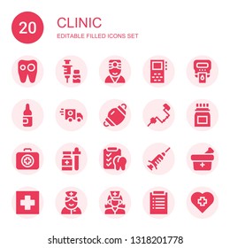clinic icon set. Collection of 20 filled clinic icons included Tooth, Vaccine, Doctor, Record, Hemoglobin, Ampoule, Ambulance, Dentist mask, Brace, Medicine, Medical kit, Dental