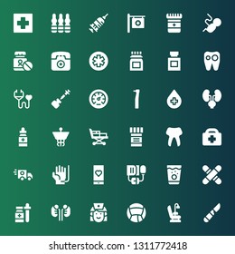 clinic icon set. Collection of 36 filled clinic icons included Scalpel, Dentist chair, Medicine, Nurse, Kidneys, Medical, Blood pressure, Medical app, Blood donation, Ambulance