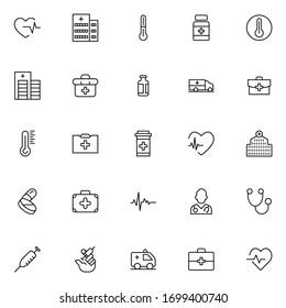 Klinisches Symbol gesetzt. Kollektion von hochwertigem schwarzen Umriss-Logo für Webdesign und mobile Apps. Vektorgrafik auf weißem Hintergrund.