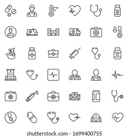 Conjunto de iconos clínicos. Colección de logotipo de esquema negro de alta calidad para diseño de sitios web y aplicaciones móviles. Ilustración vectorial en fondo blanco.
