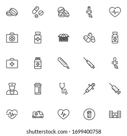 Klinisches Symbol gesetzt. Kollektion von hochwertigem schwarzen Umriss-Logo für Webdesign und mobile Apps. Vektorillustration auf weißem Hintergrund.