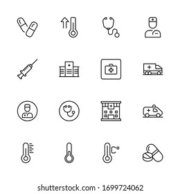 Conjunto de iconos clínicos. Colección de logotipo de esquema negro de alta calidad para diseño de sitios web y aplicaciones móviles. Ilustración vectorial en fondo blanco.