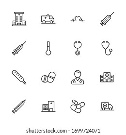 Conjunto de iconos clínicos. Colección de logotipo de esquema negro de alta calidad para diseño de sitios web y aplicaciones móviles. Ilustración vectorial en fondo blanco.