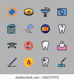 clinic icon set. vector set about scalpel, stretcher, pressure and broken tooth icons set.
