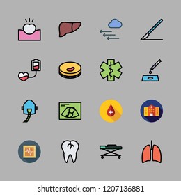 clinic icon set. vector set about ultrasonography, lungs, pressure and blood transfusion icons set.
