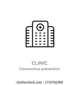 Clinic icon. Thin linear clinic outline icon isolated on white background from Coronavirus Prevention collection. Modern line vector sign, symbol, stroke for web and mobile