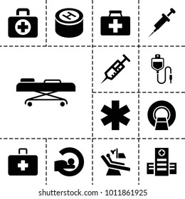 Clinic icons. set of 13 editable filled clinic icons such as first aid kit, hospital, syringe, mri, dental chair, hospital stretch, first aid, drop counter