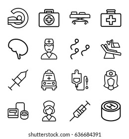 Clinic icons set. set of 16 clinic outline icons such as first aid kit, syringe, blod pressure tool, drop counter, mri, nurse, doctor, ambulance, injection, dental chair