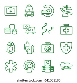 Clinic icons set. set of 16 clinic outline icons such as first aid kit, hospital, blod pressure tool, drop counter, mri, medical sign, nurse, medical kit, ambulance