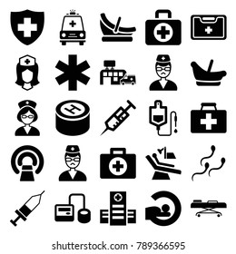 Clinic icons. set of 25 editable filled clinic icons such as baby basket, first aid, first aid kit, hospital, syringe, blod pressure tool, drop counter, mri, medical sign