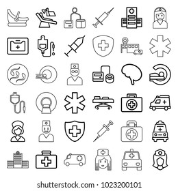 Clinic icons. set of 36 editable outline clinic icons such as first aid, first aid kit, hospital, blod pressure tool, drop counter, mri, medical sign, nurse, medical kit