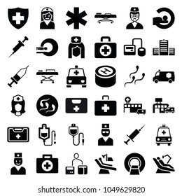 Clinic icons. set of 36 editable filled clinic icons such as first aid, blod pressure tool, drop counter, mri, medical sign, nurse, medical kit, ambulance, doctor, injection