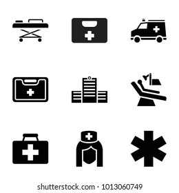 Clinic icons. set of 9 editable filled clinic icons such as first aid kit, medical kit, ambulance, dental chair, hospital, medical sign, nurse