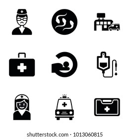 Clinic icons. set of 9 editable filled clinic icons such as drop counter, mri, medical kit, ambulance, doctor, hospital, first aid kit, nurse