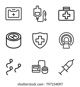 Clinic icons. set of 9 editable outline clinic icons such as first aid kit, blod pressure tool, drop counter, mri, medical sign, medical kit, injection, sperm