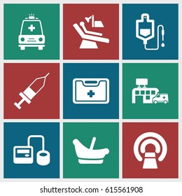 Clinic icons set. set of 9 clinic filled icons such as baby basket, blod pressure tool, drop counter, MRI, medical kit, ambulance, injection, hospital
