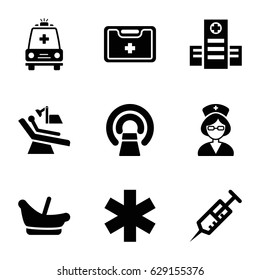 Clinic icons set. set of 9 clinic filled icons such as baby basket, hospital, syringe, MRI, medical sign, medical kit, ambulance, nurse