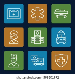 clinic icons set. Set of 9 clinic outline icons such as hospital, medical sign, medical kit, doctor, ambulance, nurse