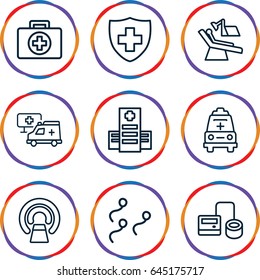 Clinic icons set. set of 9 clinic outline icons such as hospital, blod pressure tool, mri, medical sign, ambulance, dental chair, sperm
