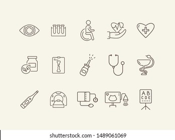 Clinic icons. Set of line icons. Stethoscope, nasal spray, x-ray, lab test tubes. Hospital concept. Vector illustration can be used for topics like healthcare, medicine, treatment