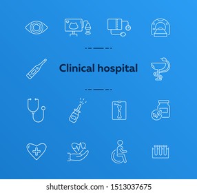 Clinic icons. Set of line icons. Stethoscope, nasal spray, x-ray, lab test tubes. Hospital concept. Vector illustration can be used for topics like healthcare, medicine, treatment