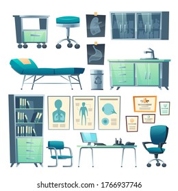 Clinic interior, doctor stuff, isolated hospital items couch, chair and washbasin, locker for medicine, cabinet with document folders, table, computer and medical banners, cartoon vector illustration