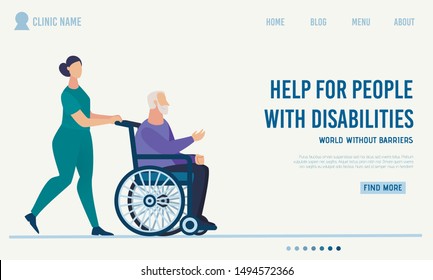 Clinic Landing Page Offer Help for Disabled People. Qualified and Professional Medical Support Assistance to Human with Disabilities. Nurse Carrying Old  Man in Wheelchair. Vector Illustration