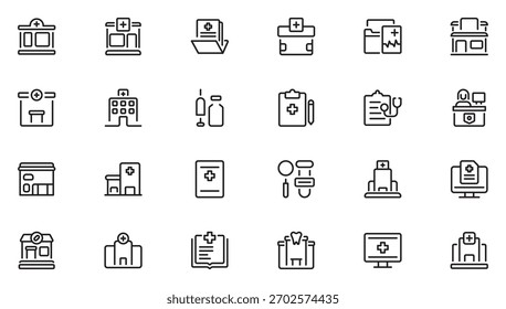 Symbolsatz für Klinikzeile. Mit Test, medizinische, diagnostische, Diagnose, Labor und mehr. Paket mit dünnen Gliederungssymbolen. Vektorgrafik