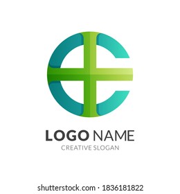 clinic logo, letter C and plus, combination logo with 3d green color style