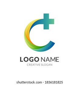 clinic logo, letter C and plus, combination logo with 3d colorful style