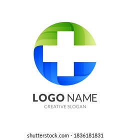 clinic logo, letter C and plus, combination logo with 3d blue and green color style