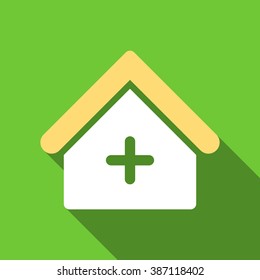 Clinic long shadow vector icon. Style is a flat symbol with rounded angles on a green square symbol.