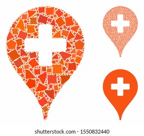 Clinic map pointer composition of humpy elements in different sizes and color hues, based on clinic map pointer icon. Vector inequal elements are organized into collage.