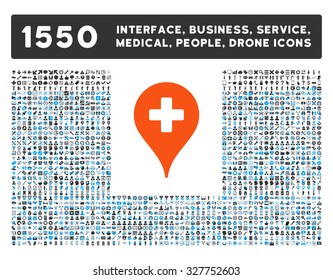 Clinic Map Pointer and other web interface, business tools, people poses, medical service vector icons. Style is flat symbols, bicolored, rounded angles, white background.