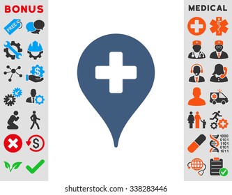 Clinic Map Pointer vector icon with bonus. Style is flat symbol, cobalt color, rounded angles, white background.