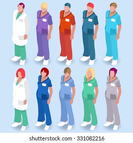 Clinic Medical Doctor Nurse Scrub Physician Character. Day Hospital Team Color Code Uniform. Hospital Clinic Staff Medical Doctor Patient Nurse Surgeon infographic elements Health Care medicine Vector