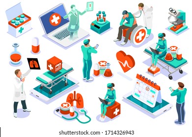 Clinic of medical health, woman medicine. Diagnosis at medicals pharmacies by doctor of clinical healthcare to patient. Hospital, medic pharmacy design. Consultation by the doctors vector illustration