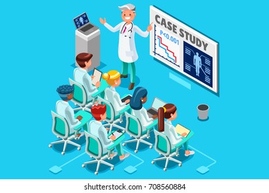 Clinic medical research trial isometric people meeting or doctor training day hospital health infograph 3D flat cartoon character hero people vector illustration images.