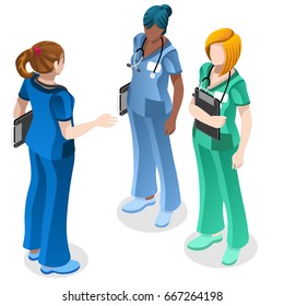 Clinic nurse education day training meeting situation with group of doctor and nurses talking together. Healthcare hospital medical team flat vector isometric hero people illustration images