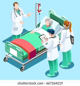 Clinic nurse education training day hospital meeting situation with group of doctor and nurses talking together. Healthcare  medical team flat vector isometric hero people illustration images.