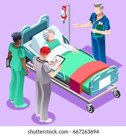 Clinic nurse education training meeting situation with group doctor and nurses talking together. Healthcare day hospital medical team teaching vector isometric hero people teacher illustration images