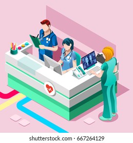 Clinic nurse station day hospital team education training meeting situation with group of doctor and nurses talking together. Healthcare medical team flat vector isometric people illustration