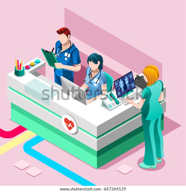 Clinic nurse station day hospital team\
education training meeting situation with group of doctor and\
nurses talking together. Healthcare medical team flat vector\
isometric people\
illustration
