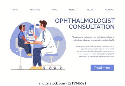 Clinic of ophthalmology for children. Eye examination and diagnosis of diseases. Oculist checks eyesight of little boy. Vector characters flat cartoon illustration. Web template, landing page, website