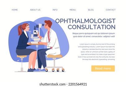 Clinic of ophthalmology. Eye examination and diagnosis of diseases. Oculist checks eyesight of patient. Website, template, landing page. Vector characters flat cartoon illustration.
