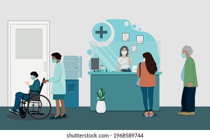 Clinic, patient reception, stage of hospital life. Masked people stand in line at the reception desk, the administrator, the medical worker, the interior of the hospital. Vector illustration.